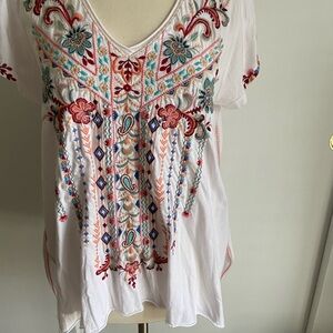 Johnny Was White Embellished Short Sleeve Blouse